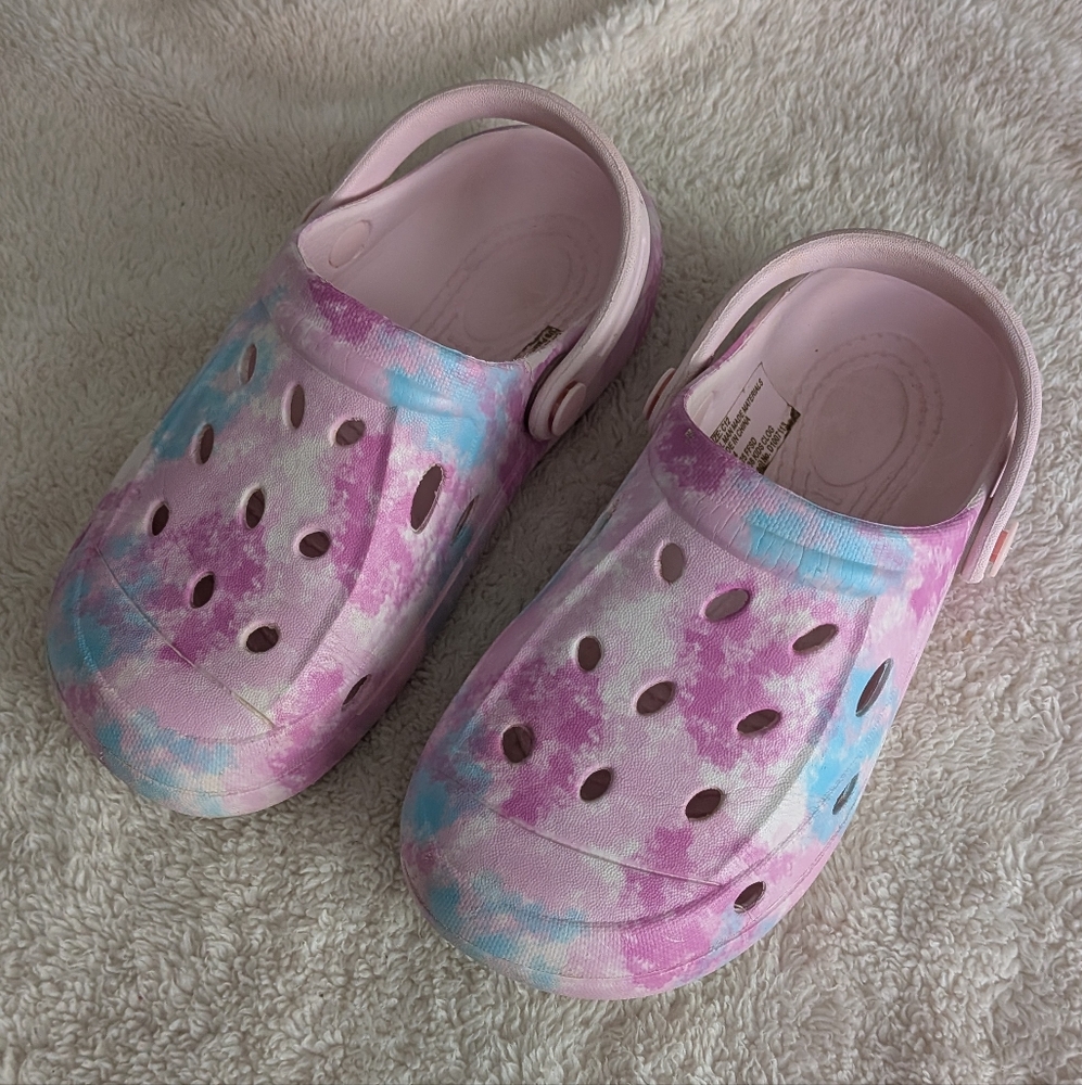 Kids Pink/Teal Tie-Dye Rubber Clogs. Size 12